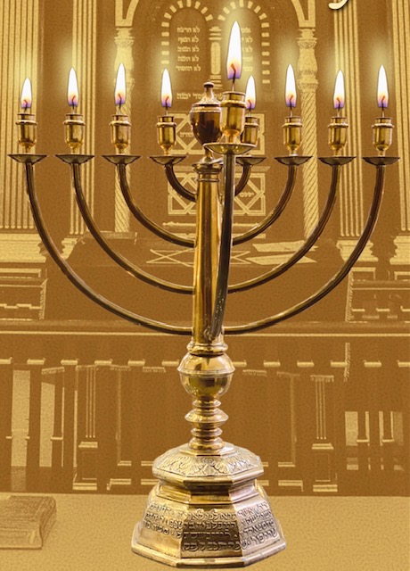 A gold colored candelabra with candles in the center.